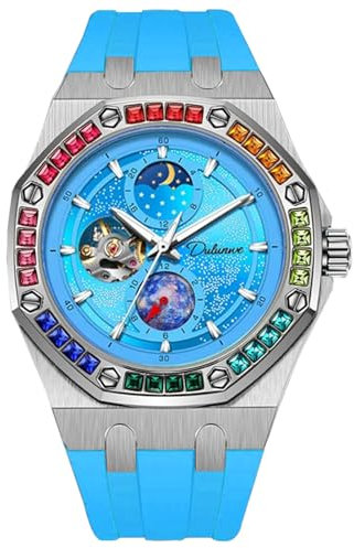 FORSINING Herren-Armbanduhr, Sternenhimmel, leuchtendes Design, mechanische Uhren, automatisches Handaufzug, Mondphase, Farbe, Diamant-Zifferblatt, wasserdicht, blau, Armband