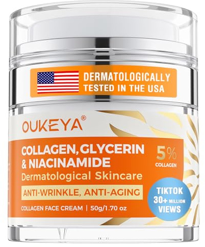 OUKEYA Collagen Face Cream, Anti-Aging Day & Night Moisturizer for Face Neck, 5% Collagen, 5% Hyaluronic Acid, 5% Niacinamide, Firming, Wrinkle Reduction, Skin Renewal, Non-Greasy, Pump Dispenser, 50g