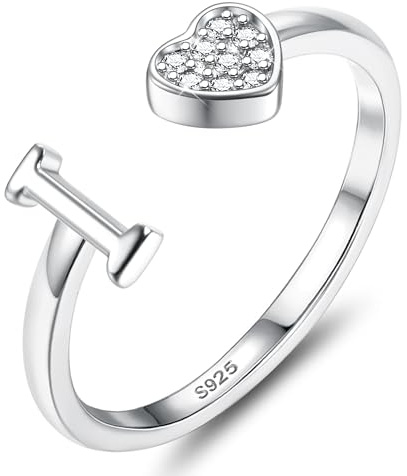 JeweBella Anillos Mujer Plata de Ley 925 con Iniciales A-Z Anillo de Corazón Ajustable Personalizado Anillos de Compromiso Alianzas Boda Anillo de Promesa Anillo Mujer Niña con Caja de Regalo