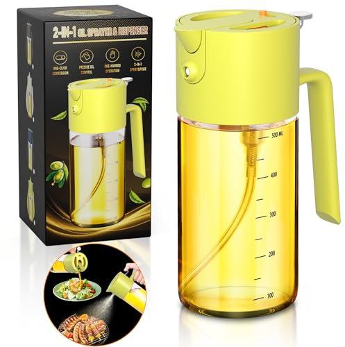 Costop Oil Sprayer for Cooking, 2025 Large Advanced Olive Oil Dispenser Bottle,500ml/17oz Glass Olive Oil Sprayer,2 in 1 Even Spray with Portion Control for Kitchen, Air Fryer, Salad, BBQ - Yellow