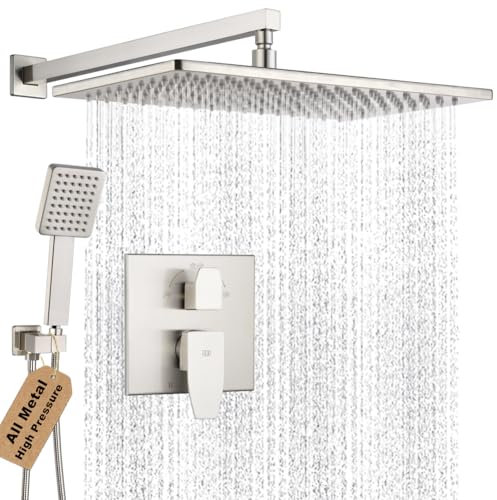 POP SANITARYWARE Duscharmatur-Set, gebürstetes Nickel, Regenfall, 38,1 cm, verdickter Duschkopf und Griff-Set, Badezimmer-Duschsystem, Wandmontage, Duscharmatur inklusive Duschventil und