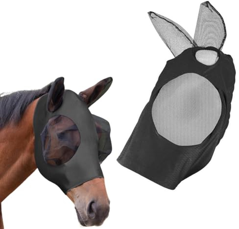 JAWUZ Masque Anti-Mouches pour Chevaux avec Protection UV, Couvre-Oreilles Élastiques, Matériau en Nylon Doux, Design Sans Couture