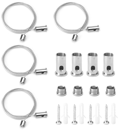 UOCAI 4 Pièces Kit de Suspension Plafond, 1,5mm X 2m Cable Acier Kit Suspension Luminaire, Réglable Cable Suspension Luminaire, Câble Métallique pour Panneau LED, Plafond, Photos Fixation