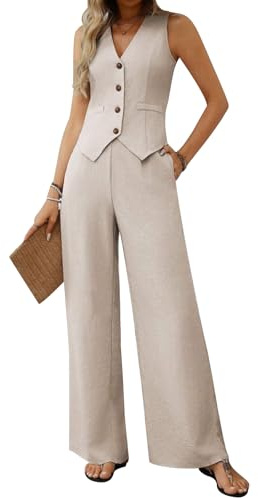 MINTLIMIT Women's 2 Piece Outfits Sleeveless Button Suit Vest Wide Leg Pants Set Casual Matching Set Business Suits