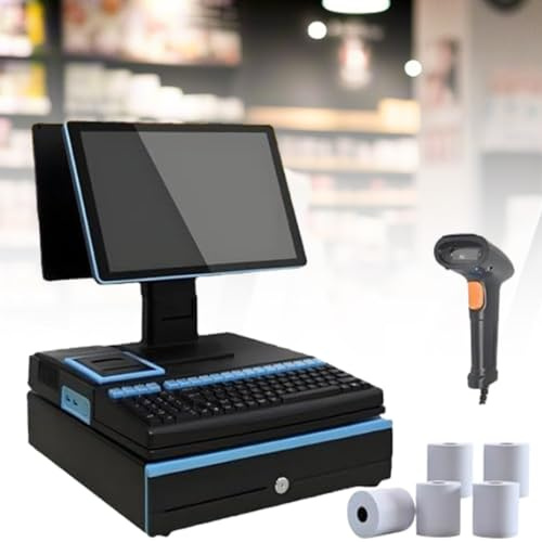 15,6 pollici Registratore di cassa touch,Terminale POS con scanner portatile e 5 rotoli di carta, cassetto contanti, registratore di cassa con tastiera, stampante per ufficio e ristorante,B