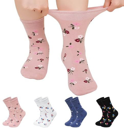 ZFSOCK Calzini Donna Senza Elastico: Calze in Cotone Traspirante con Polsino Morbido e Punta Senza Cuciture Primavera ed Estive Semplice Ideali per Ufficio Scuola Libero – 4 Paia 43-46 Floreale