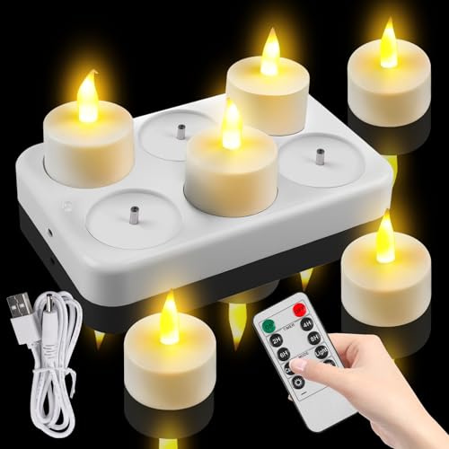 6 velas de té recargables con función de temporizador, mando a distancia y estación de carga, LED recargables, velas LED para habitación, salón, Halloween, Navidad, mesa, fiesta, decoración