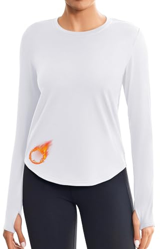 PINSPARK Maglietta Sportiva da Donna in Micropile, Scollo Tondo, Manica Lunga, Top Termici per Yoga, Intimo da Sci per attività all'aperto, Shirt Funzionale per Il Fitness con Fori per i Pollici