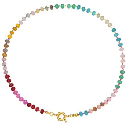 Naturlig sten och rostfritt stål bohemiskt halsband, färgglatt pärlhalsband för kvinnor med gradvis färgskiftning och unik pärldesign, 45 cm / 17,7 tum