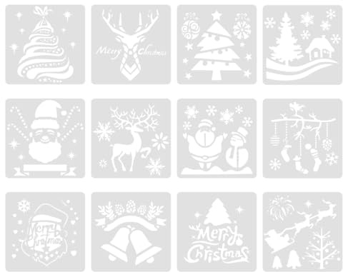 VYNZOR Plantillas de Navidad para Pintar, 12 Unidades Stencil Copos de Nieve Reutilizables de Plástico, para Decoración de Ventanas con Spray de Nieve, Puertas, Paredes, Manualidades