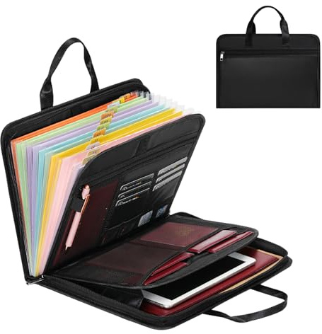 Cartella Portadocumenti Ignifuga A4 con Manico, 13 Scomparti e Chiusura Lampo, Cartella Portadocumenti A4 Ignifuga e Impermeabile per Documenti Importanti, Passaporti, Ricevute, Nero 36,5×27×4 cm