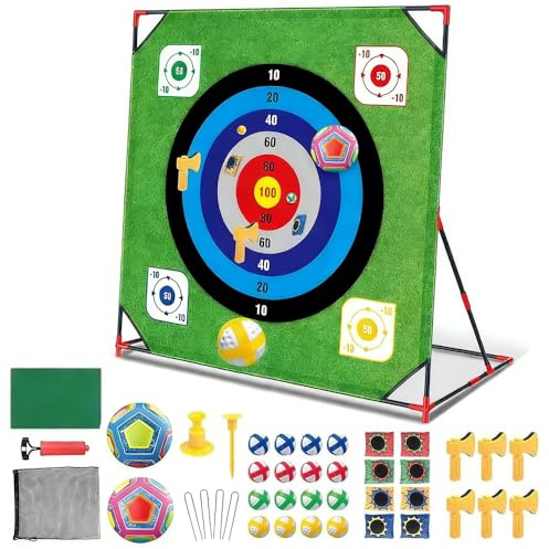 HoldOneLight Jeu de bataille de golf 4 en 1 avec support – 16 balles adhésives, tapis de put, 8 poufs, 2 ballons de football, 6 haches | Jeux de cour intérieur et extérieur pour papas et golfeurs
