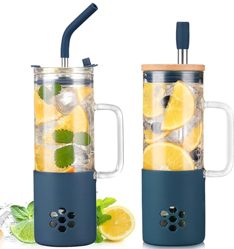 BLUEGO 600ml Glass Cup with 2 Lids and Handle, Cute Glass Tumbler with Straws and Silicone Sleeve, Iced Coffee Cup, 0.6L Smoothie Tumbler, Reusable Bubble Tea Cup, Travel Mug,Dark Blue