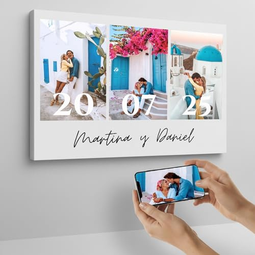 Cristal Plaque - Lienzo Personalizado con 3 Fotos en Bastidor de Madera | Regalo Original para Parejas en Aniversario, Cumpleaños o San Valentín | Impresión de Calidad para Salón o Dormitorio