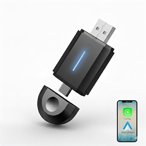 MOONX Trådlös CarPlay-adapter & nätverkdongel – 2-i-1 Bluetooth 5,0 & 5,8 GHz WLAN-mottagare för dataöverföring – Trådlös för iPhone och Android Auto – Plug & Play USB C/A
