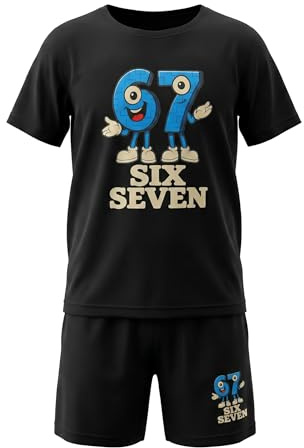 DINSAGE Ensemble 67 pour enfants (garçons et filles) - Tenue amusante inspirée du mème « 67 / Six Seven » : T-shirt + short - Ensemble d'été confortable