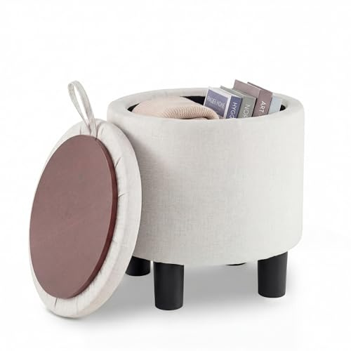 SOARS Pouf de Rangement 19L, Tabouret Rond avec Couvercle Réversible | Rembourrage en Éponge, Tissu en Lin Respirant, Pouf Ottoman Repose-pied pour Coiffeuse, Salon, Chambre, Entrée