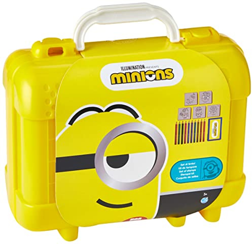Multiprint- Valigetta Travel Minions,Album da Colorare con Puzzle e Matite, Set Timbrini Bimbi, in Legno e Gomma Naturale, Inchiostro Lavabile Atossico, Idea Regalo, 42896