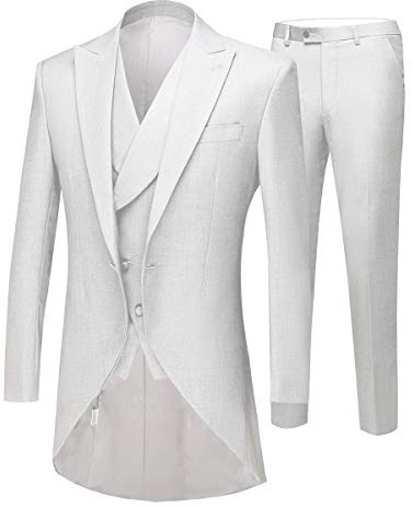 Traje de frac largo blanco de 3 piezas para hombre con solapa de muesca y un botón, trajes de boda, esmóquines para novio, blanco, 46