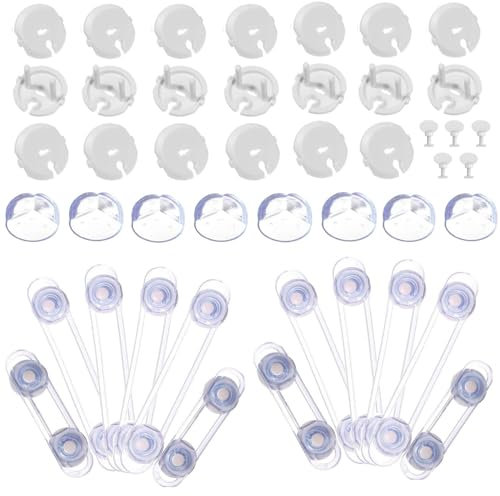 Kits Sécurité de Bébé Enfants – Caches Prises Électrique pour Enfant Sécurité (20 caches+5 clés)+10 Protection Coin Table Enfant Coins De Table Bébé+12 Loquets de Sécurité pour Bébé