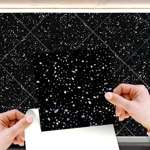 WALPLUS Glitter Black Tile Stickers 15cm x 15cm (6) Peel and Stick Backsplash Removable Self Adhesive Stick on Tiles Kitchen Splashbacks Transfers Stairs Holographic Home Decors 24 PCS