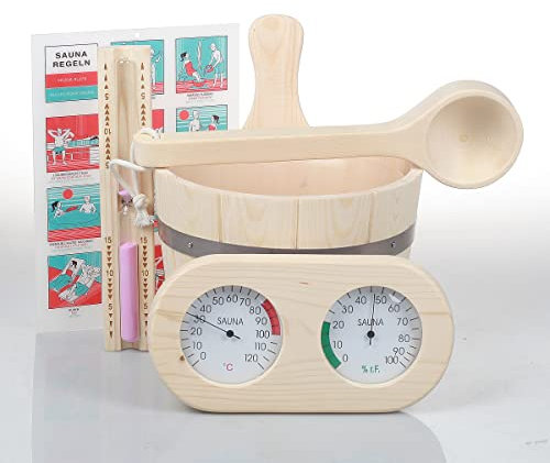 Saunazubehör aus Kiefernholz, 6-teilig, Eimer 3L zusammen mit Kunststoffeinsatz, 36cm Schöpfkelle, 15min. Sanduhr, abgerundetes - Hygrometer, laminiertes Saunaposter in DE FR EN Sprachen, SET#1