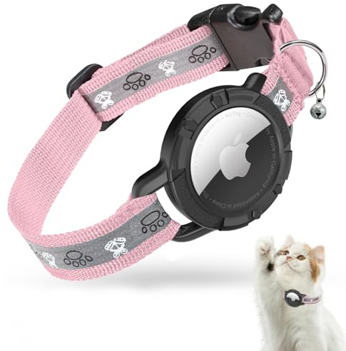 Reflective Airtag Cat Collar, JIARUI Integrated Apple Airtag Cat Collar, GPS Cat Tracker Collar with Airtag Holder and Bell, Lightweight Cat Tracker Collar for Kittens and Puppies (Pink, XS(7-9))