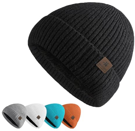 UNNESTAR Bonnet en laine pour homme - Chapeaux d'hiver en polaire pour hommes, bonnet thermique pour rester au chaud par temps froid, bonnet tricoté, bonnet à pompon, Noir , taille unique