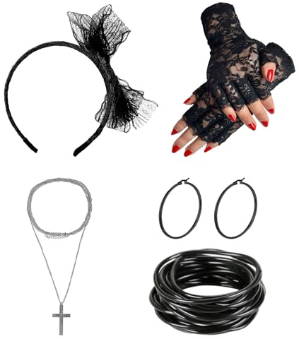 16 stycken spets-up-set, spetshandskar, örhängen, halsband, 80-talsstil, dekoration, nostalgi-set, damer balklänning, 80-tals kostym tillbehör., svart, 25