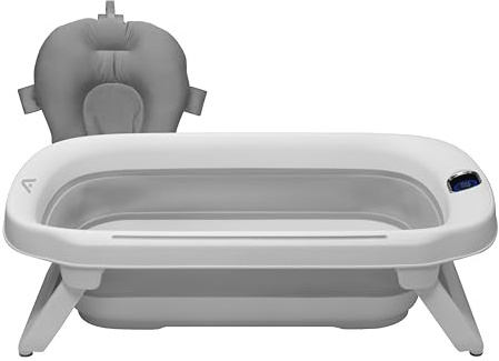 PLAY Bañera plegable bebé Thermo Bath con cojín ergonómico y termomentro digital, con Patas Antideslizante Indicador de Temperatura, Compacta y Portátil