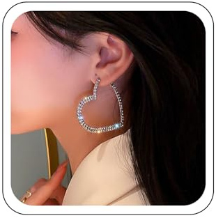 Wendalern Boucles d'oreilles créoles en forme de cœur en cristal argenté – Boucles d'oreilles pendantes en forme de diamant en oxyde de zirconium – Grandes boucles d'oreilles pendantes en forme de