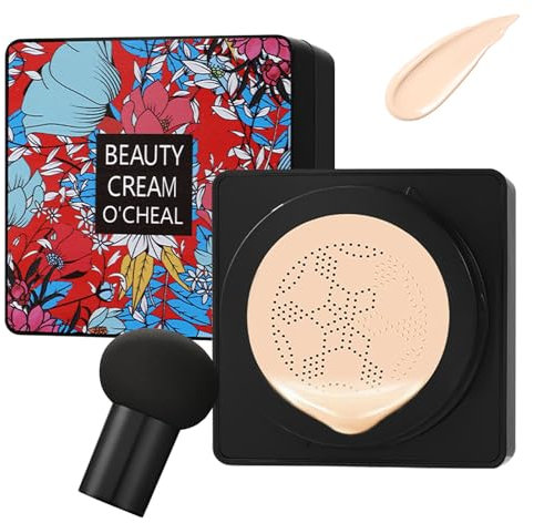 Mushroom Head Air Cushion CC Cream Foundation Cover Concealer, Long Lasting Moisturizing Oil Control BB Cream with Mushroom Makeup Sponge, Full Coverage Foundation for All Skin Types (Natural)
