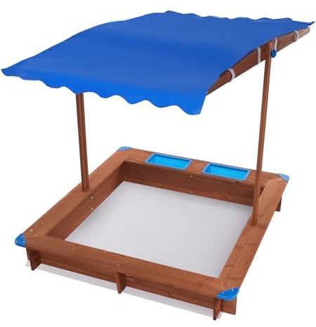 MIIWWOWO Arenero de madera maciza con techo, arenero infantil, tejido de polietileno para exteriores, alfombrilla de suelo de PVC, caja de arena con techo ajustable en altura, caja de arena con