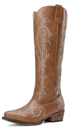 DREAM PAIRS BOTAS DE VAQUERA PARA MUJER Botas cómodas hasta la rodilla con cremallera lateral y tacón grueso, bordadas al estilo occidental,Size 37,Marrón,DWUMKB2502