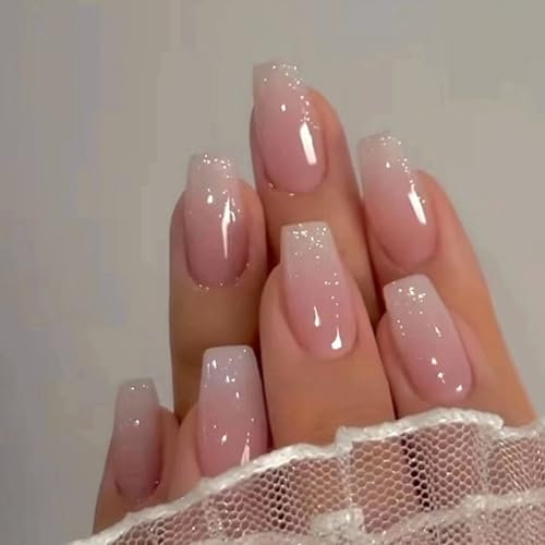 24Pcs French False Nails Short, Square Press on Nails, Pink Gradient Stick on Nails, Removable Glue on nails with Designs, Acrylic Full Cover Cute nails for Women Girls