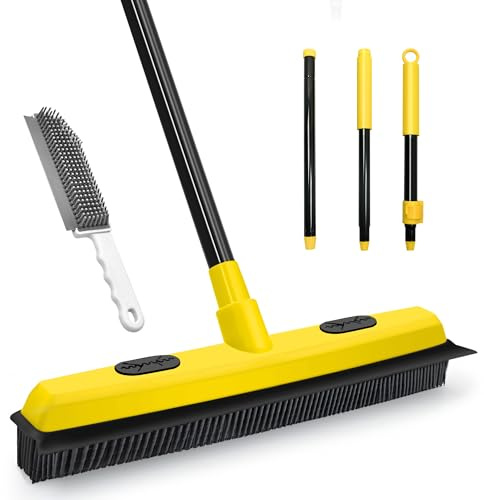 Dolanx Rubber Broom with Squeegee, Pet Hair Removal 134 cm Long Handle, Push Fur Remover Tool with Portable Detailing Lint Brush for Fluff Carpet, Window, Tile, Hardwood Floor Cleaning (Yellow)