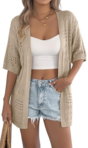 Adigau Cardigan estivo da donna lavorato a maglia cardigan a maniche corte cardigan da spiaggia giacche vuote all'uncinetto giacca taglie forti primavera top leggeri S-XXL, cachi, L