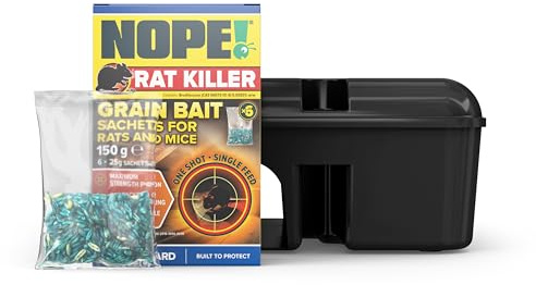 NOPE! Rat & Mouse Kit – 6 x 25g Poison Sachets & Lockable Box | Super Strength Rat & Mouse Killer Grain Bait, Single Feed, Quick-Acting for Indoor & Outdoor in All Weather