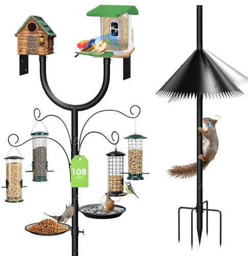 MQHUAYU Bird Feeder Pole Squirrel Proof,Adjustable 47-108 Heavy Duty Bird House Pole,Upgraded U-Shape Platform,4 Shepherd Hooks for Feeder Stand,Includes Birdbath,Tray for Outdoor Garden & Yard