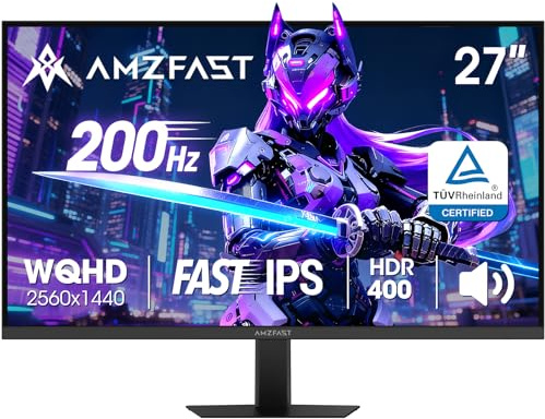 Amzfast Gaming Monitor 27 Zoll, QHD 2560x1440, 200Hz, Fast-IPS 1ms MPRT, Adaptive Sync, HDR400, 132% sRGB, Lautsprecher, VESA + ausziehbarer Kopfhörerhalter – AMZG27F5Q