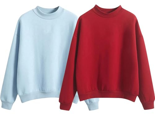 Générique Lot de 2 Sweet Femme San Capuche 2025 Sweat-Shirt Femme Décontracté Simple Couleur Unie Manches Longues à Col Rond Blouse Top Pattes Lavage Hauts Basiques Pull Automne - Hiver