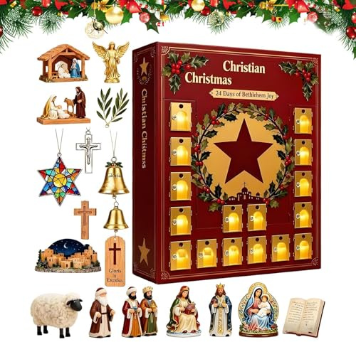 Calendrier De L'Avent Chrétien - Compte À Rebours De 24 Jours Avec Scène De La Nativité | Inclut 24 Figurines Plates 2D En Acrylique De L'Histoire De Noël | Décoration Religieuse Pour Maison, Église