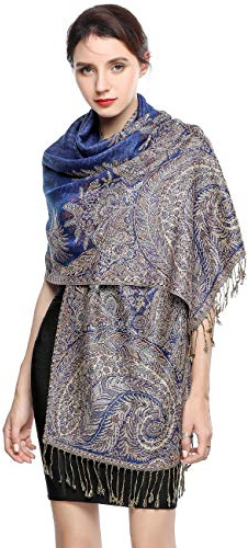 EASE LEAP Écharpe Pashmina pour Femme Châle Paisley Hijab de couleur chaude avec empiècements soyeux et sensation dans les couleurs vives avec des franges 200 * 70cm (Bleu royal)