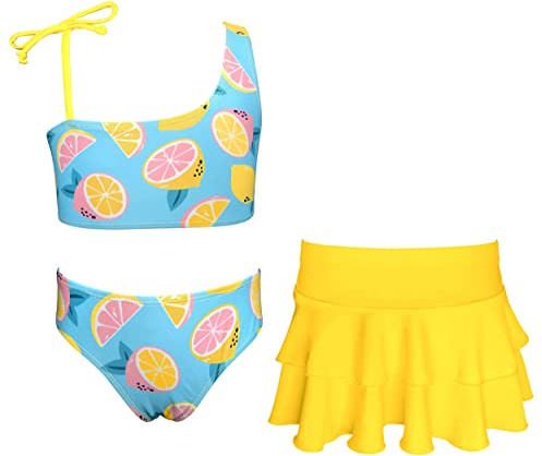 SHEKINI Trajes de Baño de Tres Piezas para Niñas con Falda Deportivo Ajustable Tankini Set con Triángulo Bikini Bottom Bañadores Traje de Baño de Playa para 6-14 Años(6/8Y,Amarillo Limón)