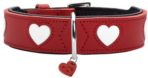 Hunter Hundehalsband Love, Farbe: rot/schwarz, weiches, Robustes Rindsleder, einzeln eingenähte Herzen, handgefertigt, hoher, besonders anschmiegsam, Made in Germany, Größe 50