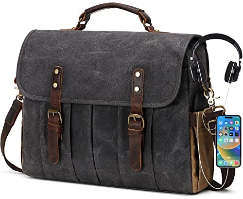 NerIion kurirväska för män 15,6 tum vintage canvas äkta läder portfölj för män laptopväska skolväska (mörkgrå)