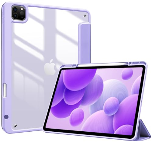 ProCase fodral för iPad Pro 12,9 tum med pennhållare 2022/2021/2020/2018 (6/5/4/3 generation), stötsäkert smart fodral med transparent baksidesskal, skyddsfodral för iPad Pro 12,9 tum, lila | Genomskinligt bakskal med inbyggd pennhållare, automatisk sov/vakna för iPad Pro 12,9 tum 2022/2021/2020/2018