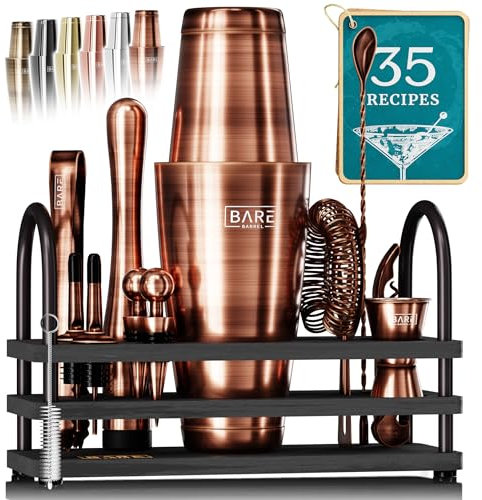 BARE BARREL® Cocktail Making Kit | 14-Piece Bartender Kit Cocktail Shaker Set Maker | Display Stand & 35 Recipe Cards | Mixology Cocktail Gift Set (800ml/28oz Boston Shaker, Copper/Black)