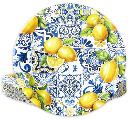 JarThenaAMCS Summer Paper Plates Tiles Lemon Disposable Plates Yellow 9 Inch Dessert Plate for Party Supplies Table Decor, 24 Pcs