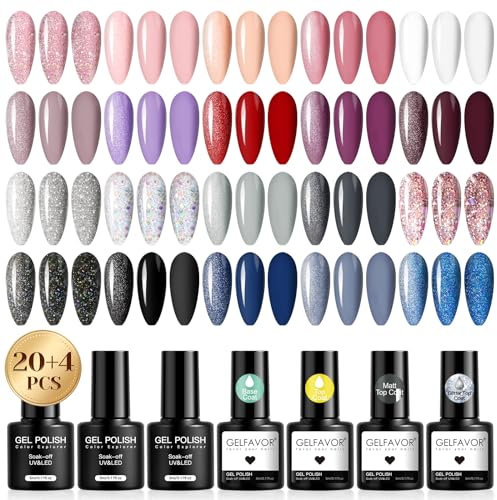 GELFAVOR Esmaltes Semipermanentes Para Uñas, 24 Piezas Mini Rose Nude Blanc Violet Rouge Colores Esmaltes Semipermanente UV LED Pintauñas Semipermanentes Nail Art Manicure Regalo
